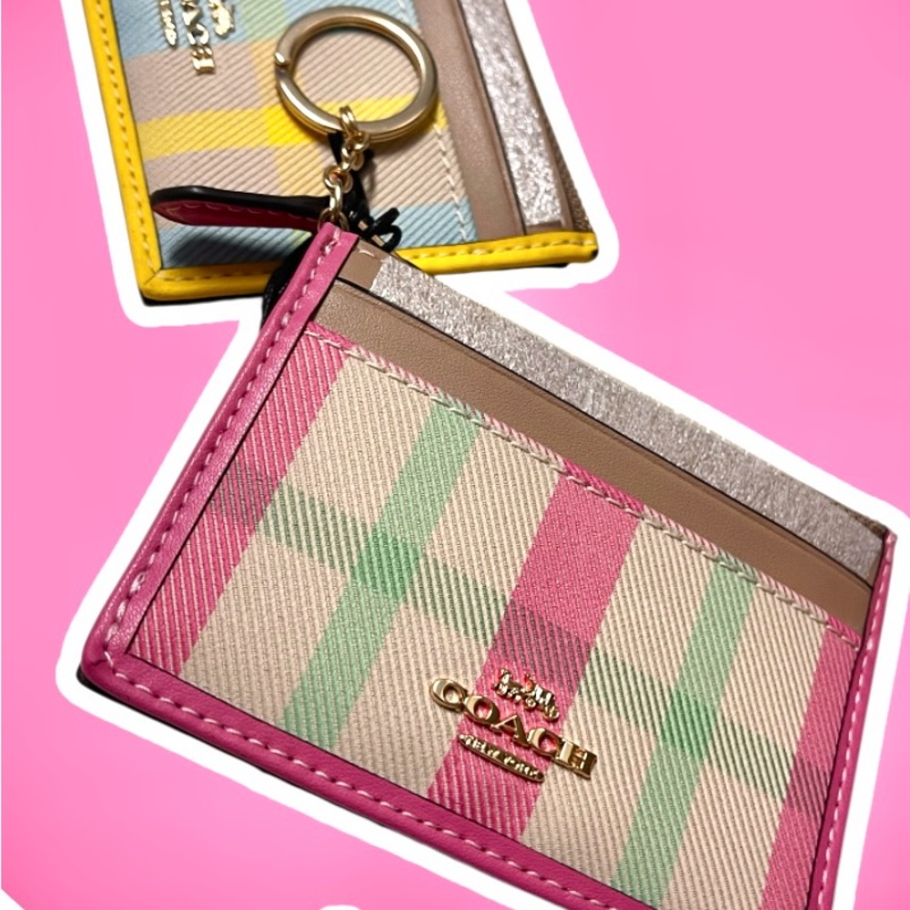 Coach NWT Leather &Canvas CHOOSE PINK orYELLOW Slim Plaid Card Holder/keychain - Picture 7 of 14